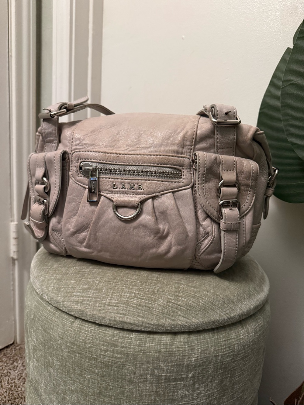 L.A.M.B. Gwen Stefani Taupe Leather Moto Satchel Shoulder Bag Y2K Vintage